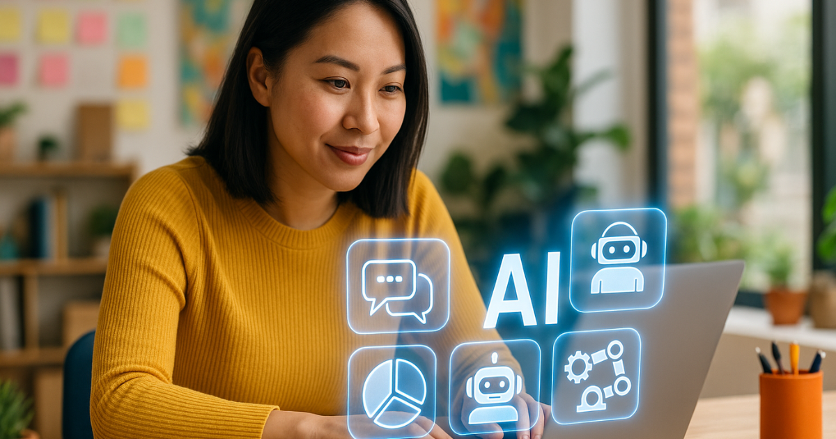 Small business owner using laptop with AI features integrated into website