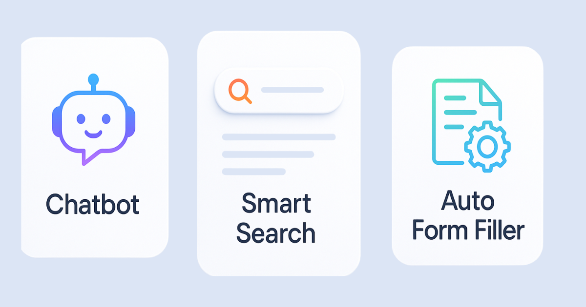 Visual mockup of basic AI features like chatbot, smart search, and autofill on a website