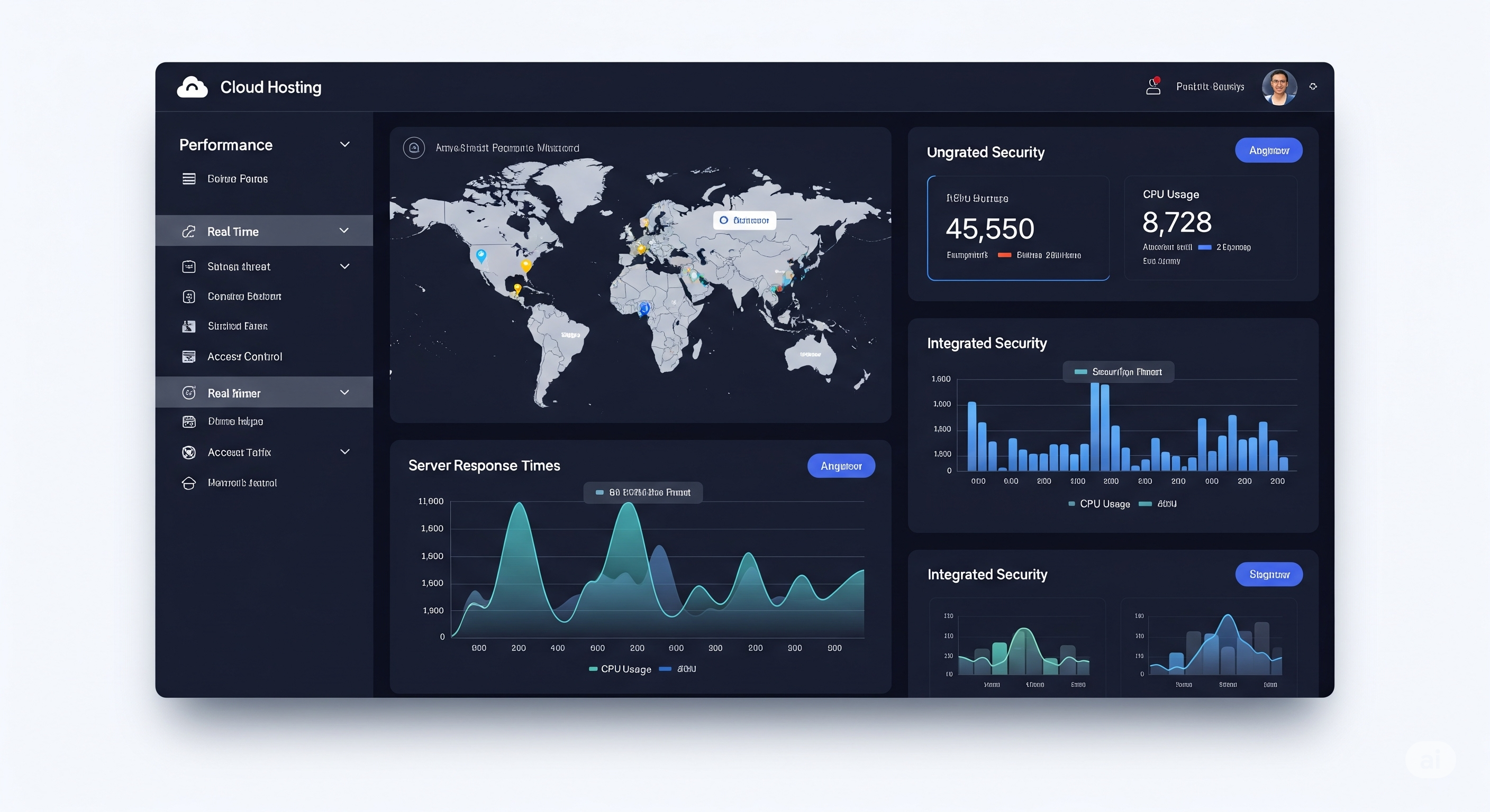 Cloud hosting dashboard with modern performance and security features