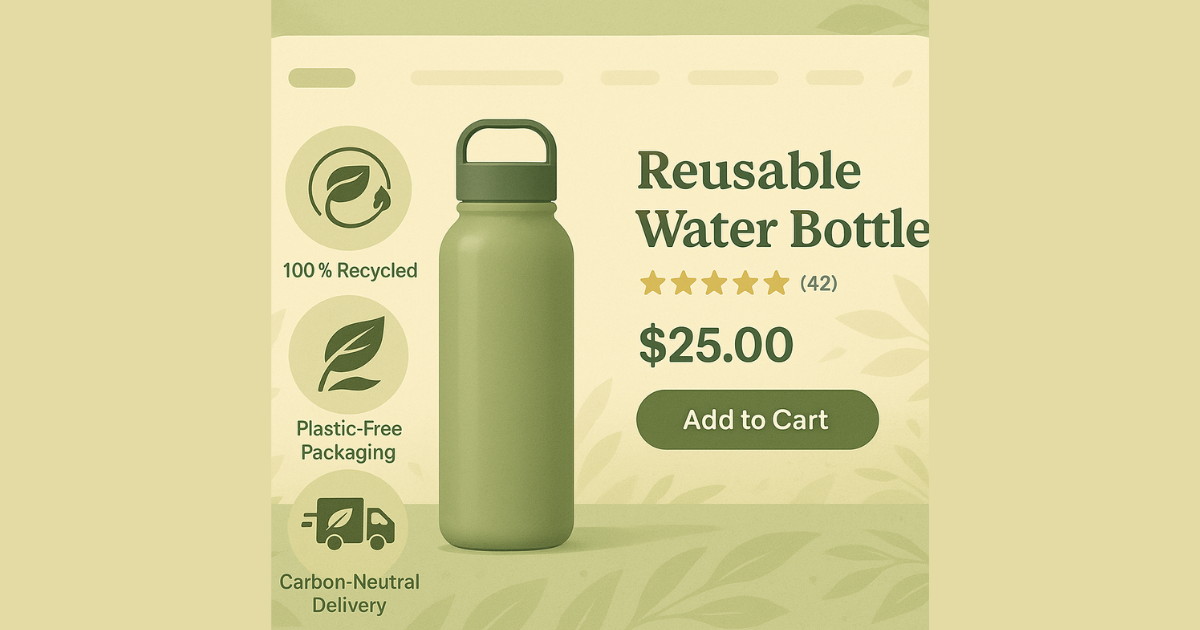 E-commerce product with sustainable and ethical shopping labels