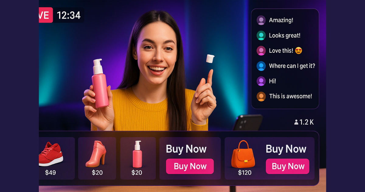 Live shopping stream showing products and real-time engagement