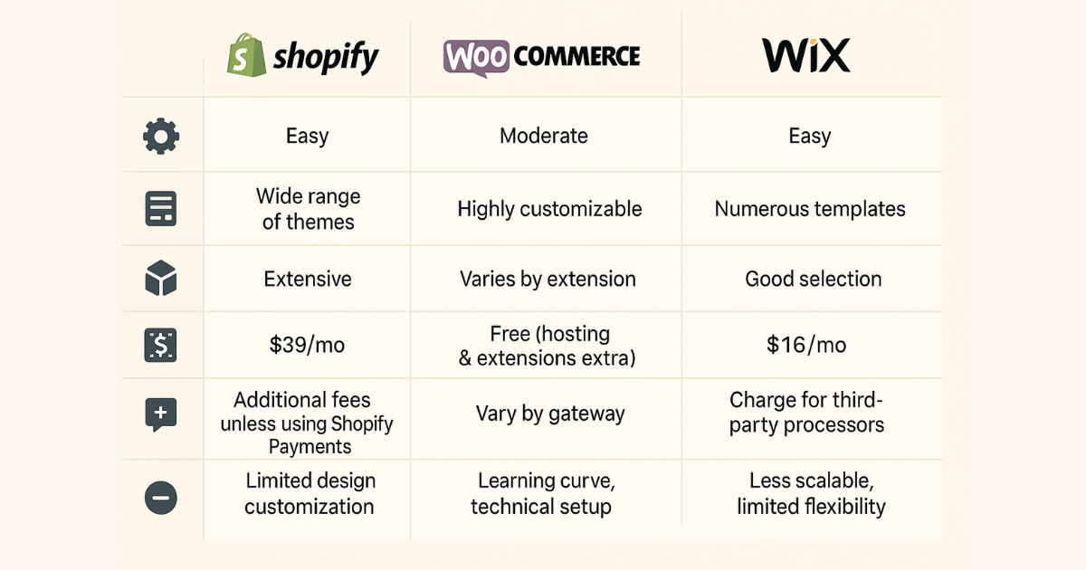 Dropshipping platform comparison table for Shopify, WooCommerce, and Wix