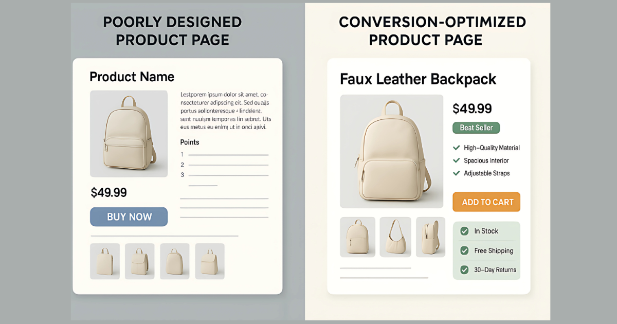 Comparison of basic and professional dropshipping product page designs