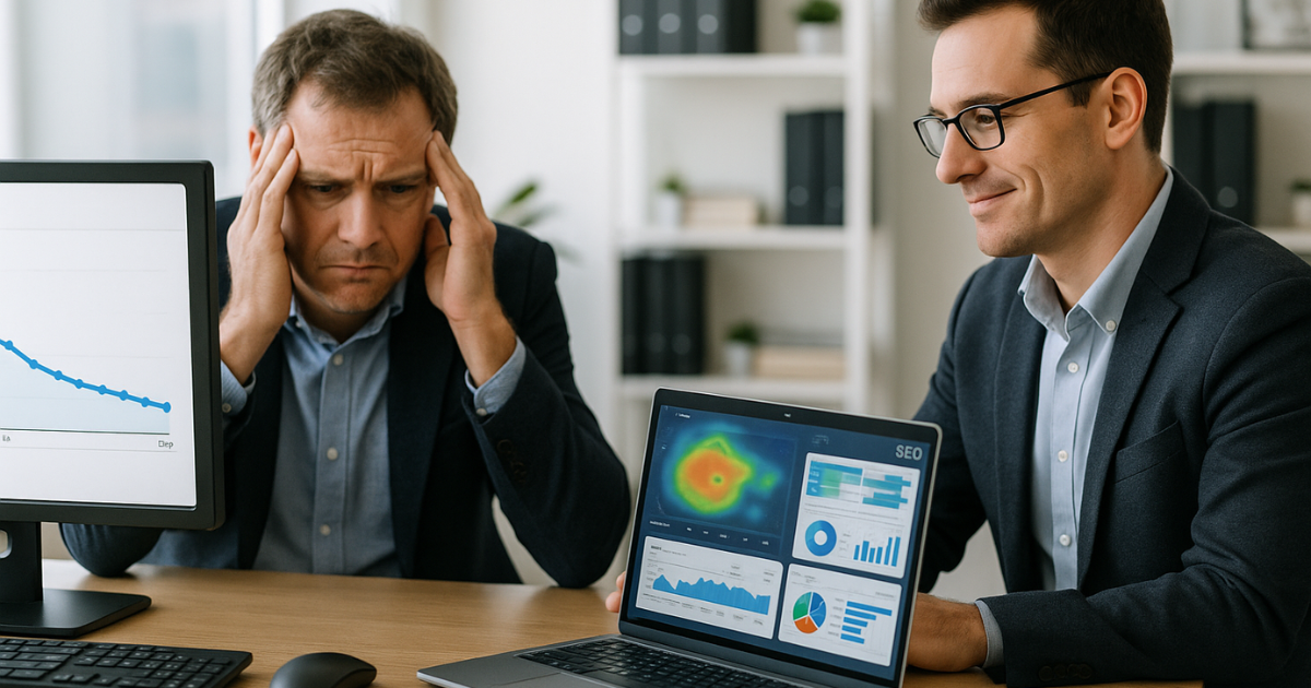 Frustrated business owner looking at SEO analytics