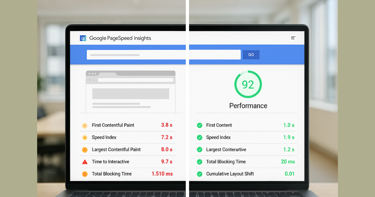 PageSpeed Insights audit showing slow vs fast site results