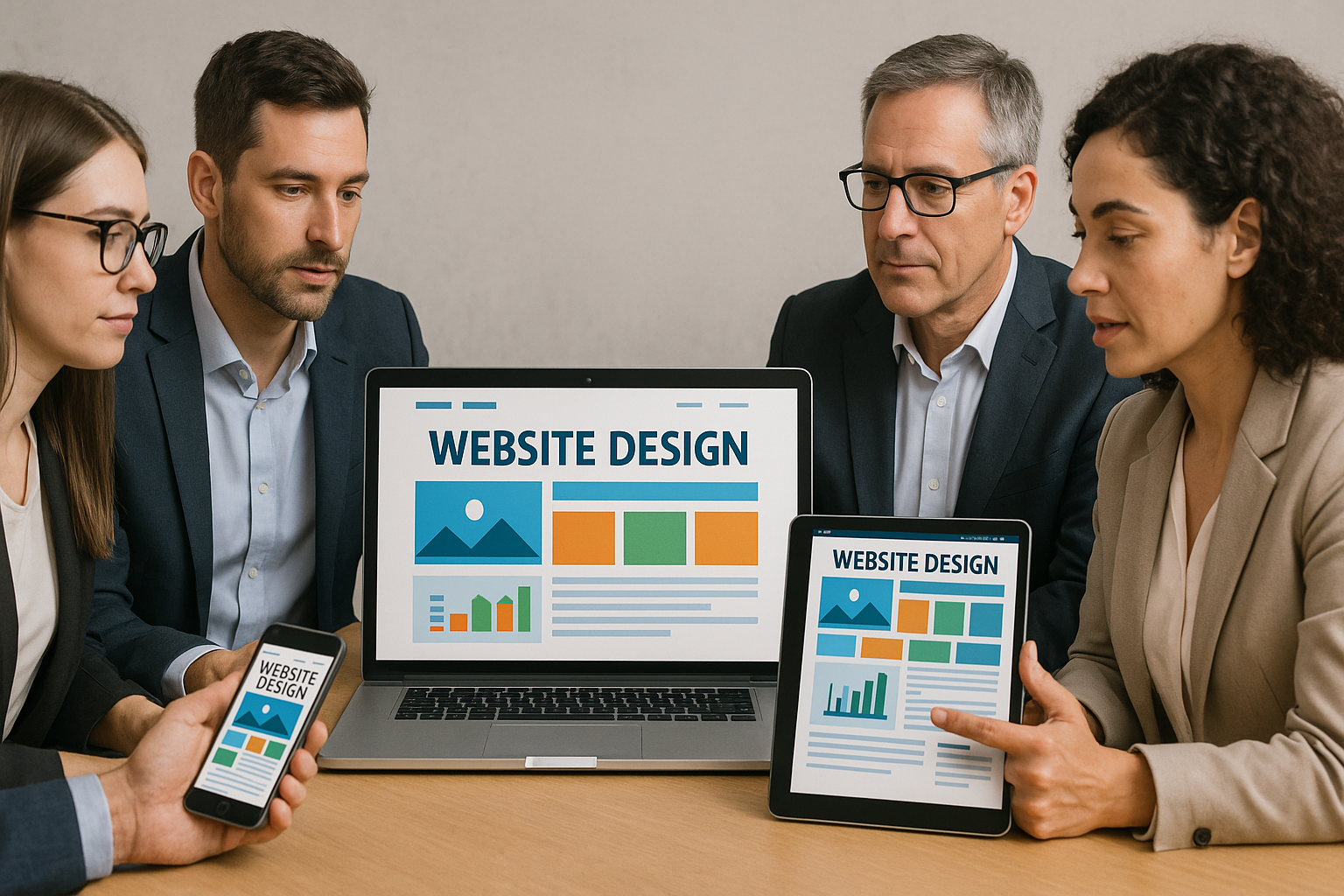 Business team reviewing modern website on laptop and tablet