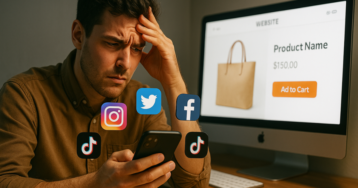 Small business owner juggling social media while a modern website offers stability in the background.
