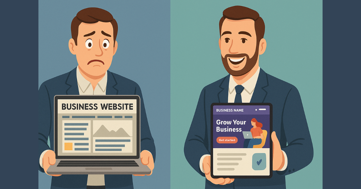 Business owner reacting to outdated vs modern website