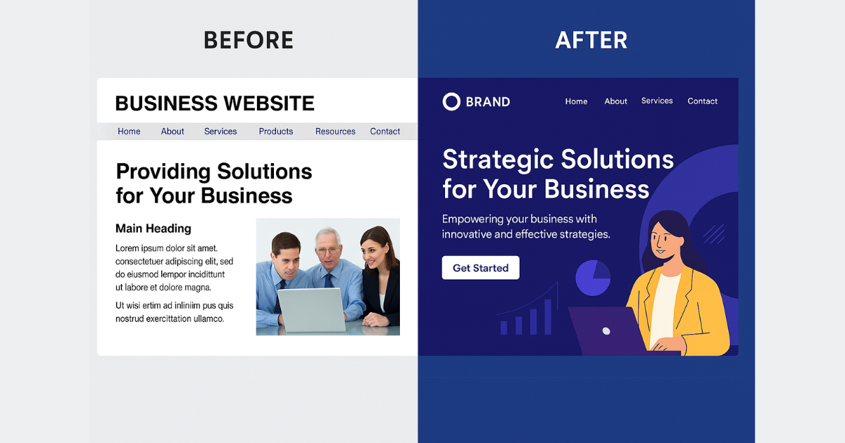 Outdated website design vs refreshed, on-brand redesign